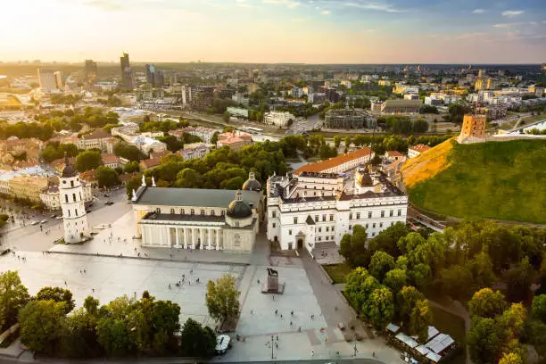 Photo of Aerial view of The Cathedral Square, main square of Vilnius Old Town, a key location in city`s public life, Lithuania