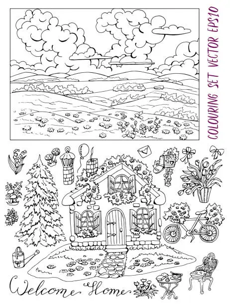 Vector illustration of Coloring page with cute house, landscape, conifer, garden furniture and flowers