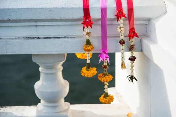 Marigold flower garland decoration backdrop for wedding decor, Happy Diwali, Indian Holiday festival background