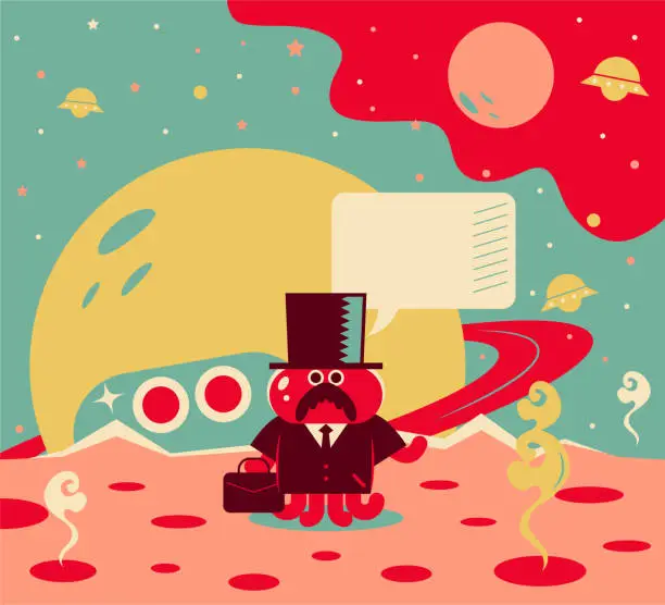 Vector illustration of Bizarre alien businessman in suit with briefcase and top hat going on a space trip (standing on a new planet)