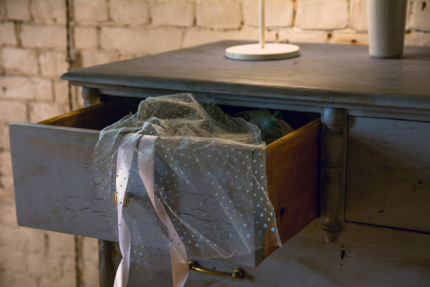 istock An open chest drawer with a transparent cloth on a brick wall background 994077286
