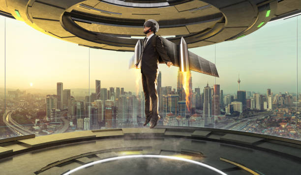 Businessman wear a rocket suit to lift Futuristic interior design empty space room with Businessman wear a rocket suit to lift,.Business success concept . Mixed media . muster station stock pictures, royalty-free photos & images