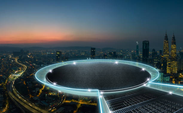 tappa rotonda galleggiante sul centro dello skyline della città - helipad foto e immagini stock