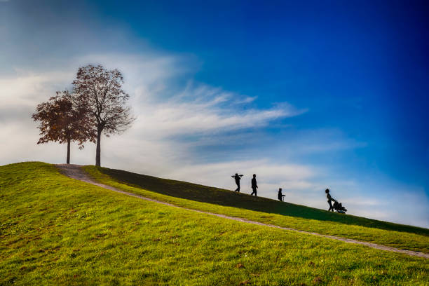 Happy young family taking a walk in park with a baby in a stroller