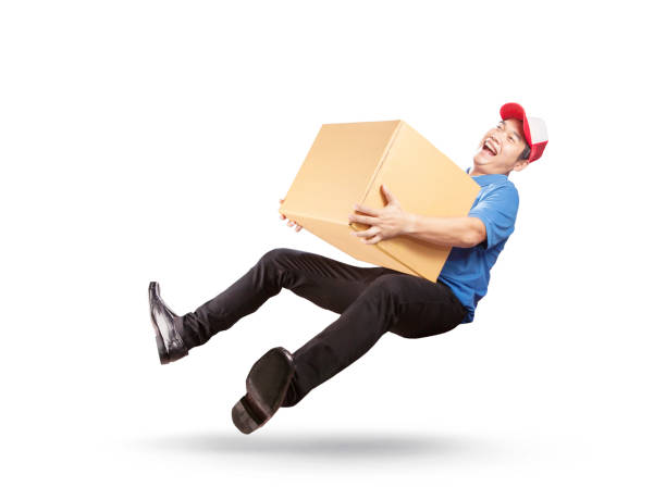 istock delivery man holding cardbox with happiness service mind islated white background 994084648