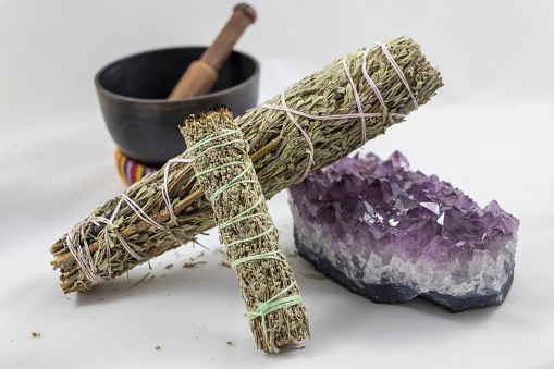 Bundles of Sage with beautiful Amethyst Crystal and singing bowl