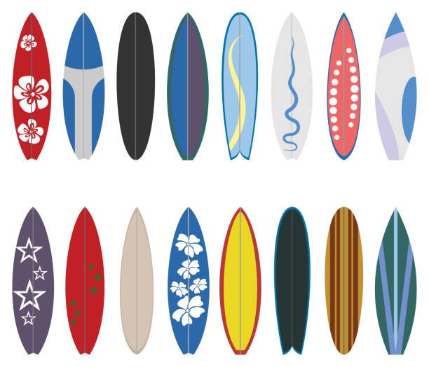 illustrazioni stock, clip art, cartoni animati e icone di tendenza di collezione di tavole da surf. insieme vettoriale di progettazione piatta. - surfboard