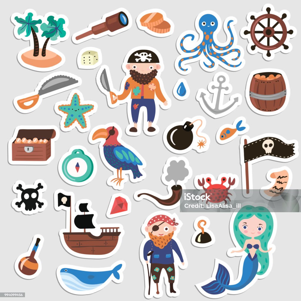 Set Of Pirates Vector Cartoon Stickers Adventures And Pirate Party Sticker  For Kindergarten Children Adventure Treasure Pirates Octopus Whale Ship  Kids Drawing Vector Cartoon Stickers About Pirates And Treasures Stock  Illustration 