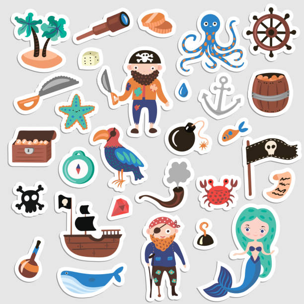 Set of Pirates vector cartoon stickers. Adventures and Pirate party sticker for Kindergarten. Children Adventure, treasure, pirates, octopus, whale, ship - Kids drawing vector cartoon stickers about Pirates and treasures Set of Pirates vector cartoon stickers. Adventures and Pirate party sticker for Kindergarten. Children Adventure, treasure, pirates, octopus, whale, ship - Kids drawing vector cartoon stickers about Pirates and treasures isolated on white background kid stickers stock illustrations