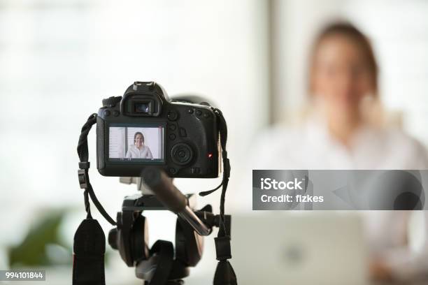 Professional Dslr Digital Camera Filming Vlog Of Business Woman Vlogger Stock Photo - Download Image Now