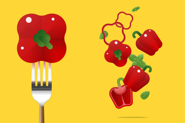 ilustrações, clipart, desenhos animados e ícones de pimentão vermelho fresco no garfo com voando pimentão vermelho fundo, conceito de comida saudável, vetorial, ilustração - pepper bell pepper market spice