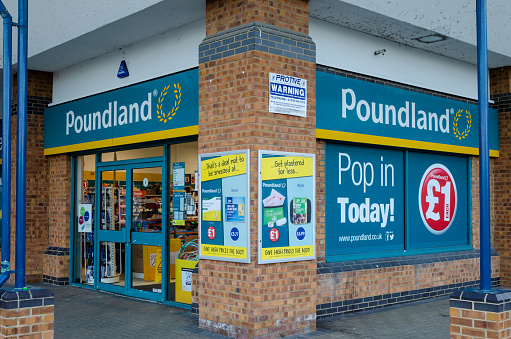 Flint, UK: May 22, 2018: Poundland is a chain of bargain-priced general goods stores. The chain is owned by South African company Steinhoff International.