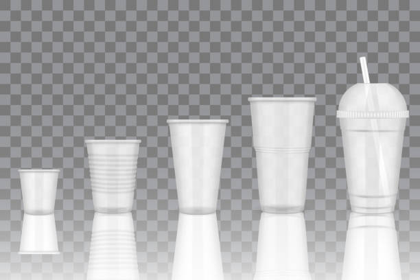 Vector transparent disposable plastic cup mockups Empty transparent disposable plastic cup mockup set. Vector realistic illustration of different plastic cups with lid, drinking straw and without them isolated on transparent background. glass of milk transparent background stock illustrations