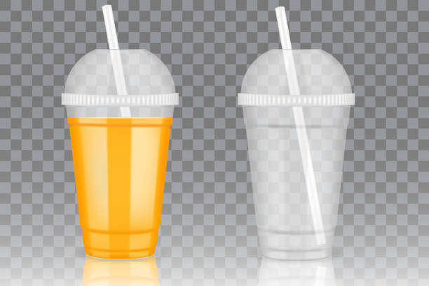 Vector transparent disposable plastic cup mockups Filled with orange juice and empty transparent disposable plastic cup with lid and drinking straw mockup set. Vector realistic illustration isolated on transparent background. glass of milk transparent background stock illustrations