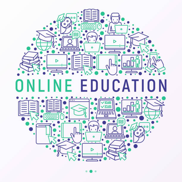 istock Online education concept in circle with thin line icons: online course, webinar, e-book, video conference, home studying, wise owl in graduation cup. Modern vector illustration for school web page. 994125160