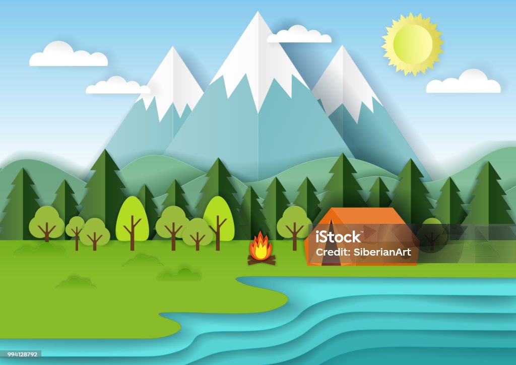 Summer camping vector paper cut illustration Summer camping background with forest, mountains, lake, campfire and tent. Vector illustration in paper art style. Camping stock vector