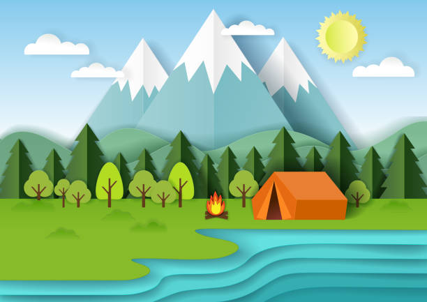 Summer camping vector paper cut illustration Summer camping background with forest, mountains, lake, campfire and tent. Vector illustration in paper art style. camping illustrations stock illustrations