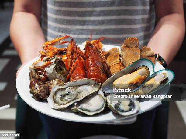 Plate Of Steamed Crayfish Giant River Prawn Mussel Giant Crab And Fresh Oyster Stock Photo - Download Image Now