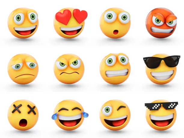 3D Rendering set of emoji isolated on white.
