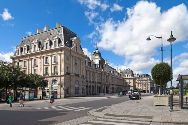 Palais du Commerce in Rennes Rennes, France - July 30 2017: The Palais du Commerce is a building located in the center of Rennes. Built in the late nineteenth century and early twentieth century, it has housed in its history various institutions and businesses. ille et vilaine stock pictures, royalty-free photos & images