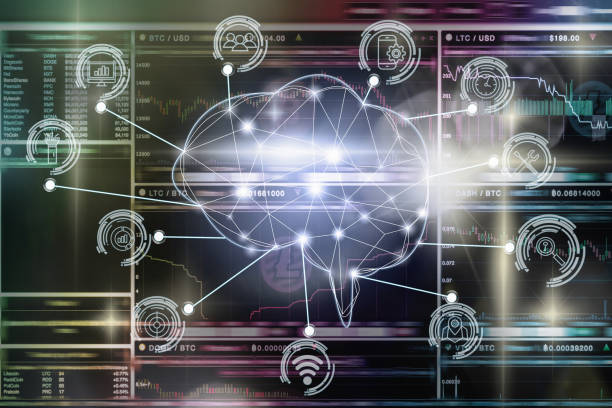 istock Polygonal brain shape of an artificial intelligence with various icon of smart city Internet of Things Technology over Cryptocurrency Bitcoin exchange trading screen, AI and business IOT concept 994144586