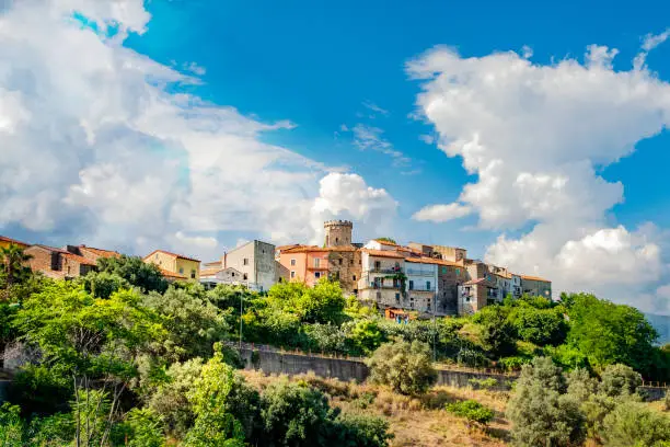 Picturesque shot of the historic village Castelnuovo at the Cilento national reserve in Italy.