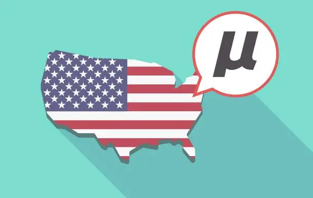 Vector illustration of Long shadow USA map with  a micro sign, mu greek letter