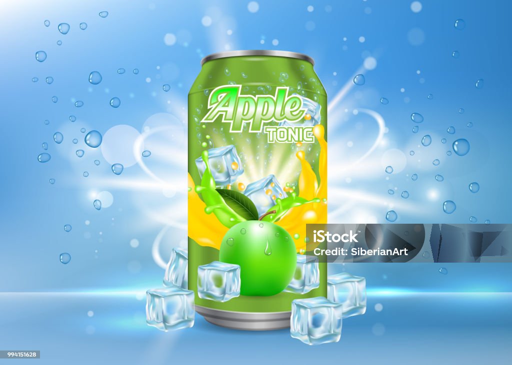 Apple tonic aluminum can vector realistic mockup Apple tonic aluminum can packaging mock up. Vector realistic illustration of aluminium can with label of soft drink with ice cubes, bubbles. 3d apple tonic poster, banner, flyer design template. Soda stock vector