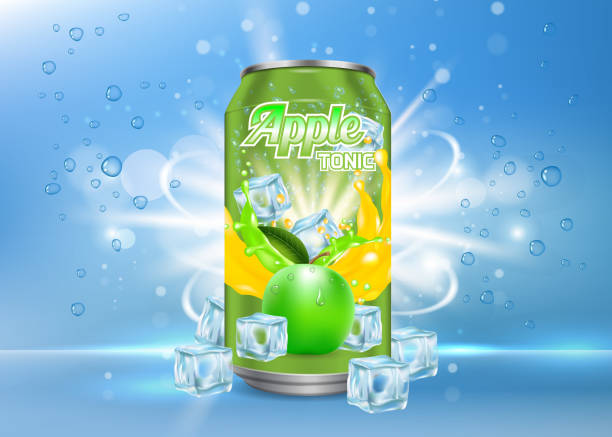Apple tonic aluminum can vector realistic mockup Apple tonic aluminum can packaging mock up. Vector realistic illustration of aluminium can with label of soft drink with ice cubes, bubbles. 3d apple tonic poster, banner, flyer design template. aluminum sign mockup stock illustrations