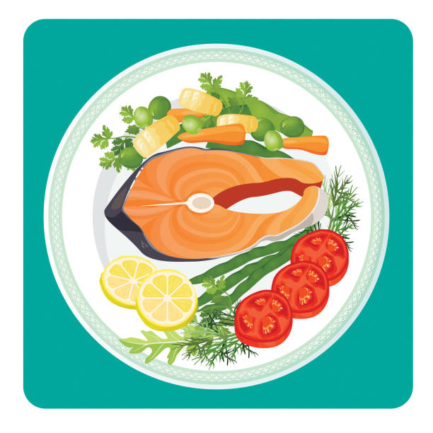 Salmon fish meat slice and vegetables vector illustration Salmon fish meat slice served with vegetables. Tomatoes and lemon, green pea and dill herbs. Sea food in restaurant on plate isolated on vector illustration fish fry icon stock illustrations