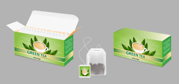 zestaw wektorów wektorowych zielonej herbaty realistyczny zestaw makiety - green tea tea teabag green stock illustrations