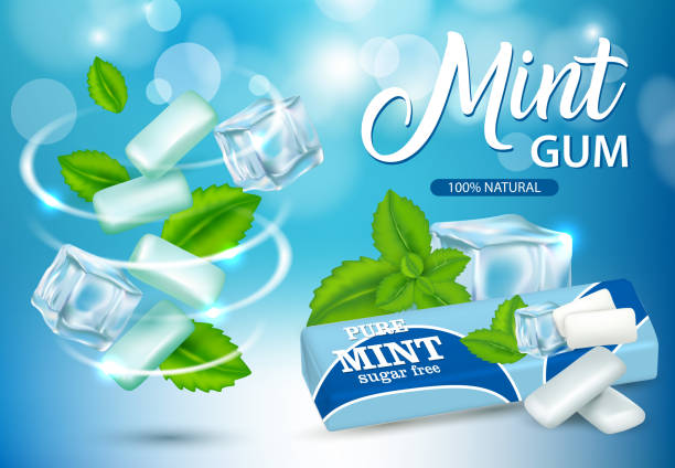 Mint chewing gum ads vector realistic illustration Vector realistic swirl of mint chewing gum pads and green mint leaves, bubblegum paper package design mockup, copy space, blue background. Pure mint and sugar free chewing gum ads. mint chewing gum stock illustrations