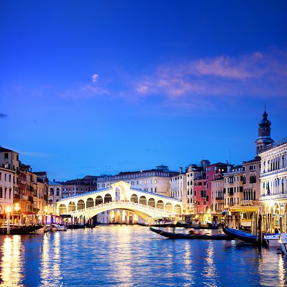 The Grand Canal and the Rialto Bridge at sunset in Venice, Italy. Composite photo