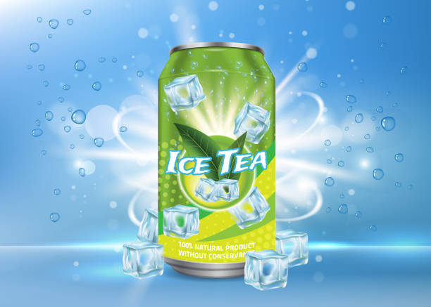 Ice tea poster, banner vector design template Vector realistic illustration of aluminium can with ice tea label and ice cubes, bubbles around it. Green ice tea aluminum can package mock up. Ice tea drink poster, banner, flyer design template. aluminum sign mockup stock illustrations