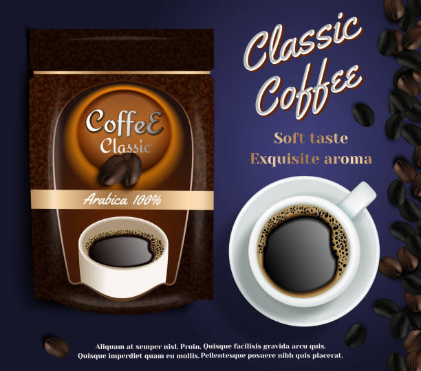 Instant coffee ads vector realistic illustration Instant coffee ads. Vector realistic illustration of instant coffee packaging bag flexible standing ziplock pouch mockup and cup of coffee. Classic coffee banner, poster design template. instant coffee stock illustrations