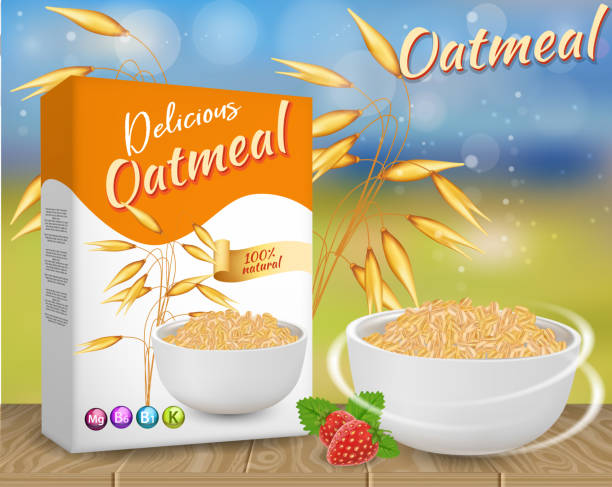 ilustraciones, imágenes clip art, dibujos animados e iconos de stock de anuncios de avena vector ilustración realista - oatmeal oat box container