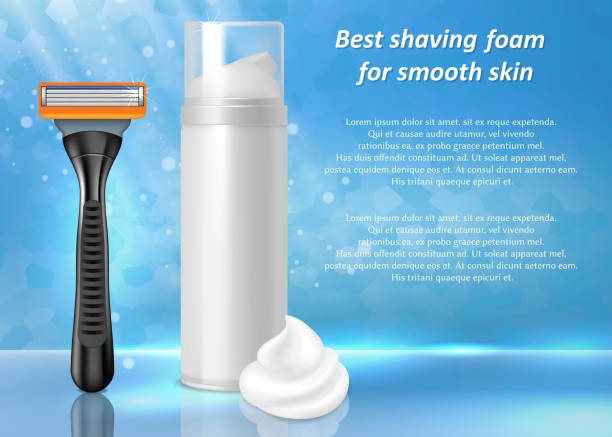 Shaving foam ads vector realistic illustration Best shaving foam for smooth skin ads. Vector realistic illustration of shaving foam bottle package and wet shave razor mockups. Shave and hair removal products poster, banner design template. shaving cream stock illustrations