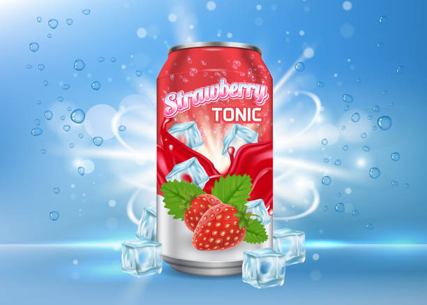 Strawberry tonic vector poster banner template Strawberry tonic poster, banner design template. Vector realistic illustration of fruit soft drink aluminum can packaging mock up, ice cubes, bubbles. aluminum sign mockup stock illustrations