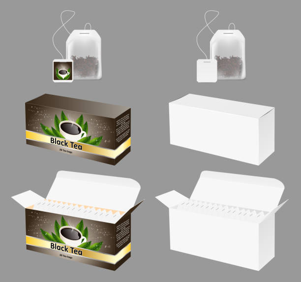 ilustrações de stock, clip art, desenhos animados e ícones de tea packaging vector realistic mock up set - teabag label blank isolated