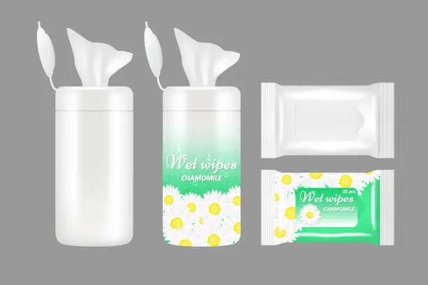 Vector illustration of Vector realistic wet wipes packaging mockup set