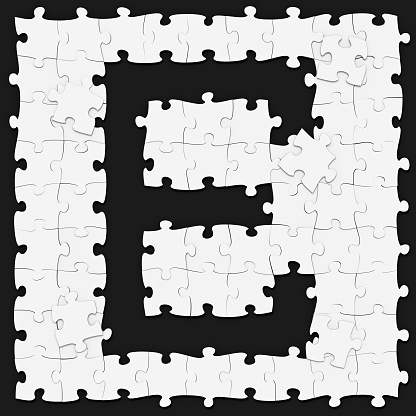 Jigsaw puzzles assembled capital letter E on dark background, puzzle letters may be seamless connected along borders, 3D rendered font image for education, art and childish typography