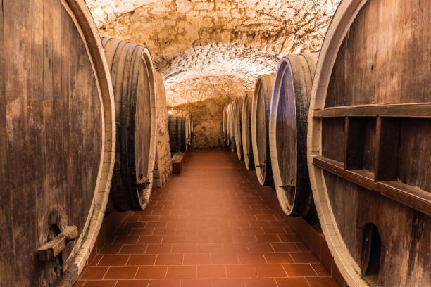 Old cellar with big wooden wine barrels Old cellar winery interior with big wooden wine barrels whisky cellar stock pictures, royalty-free photos & images