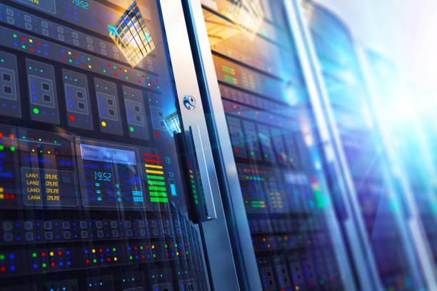 Server room interior in datacenter Modern web network and internet telecommunication technology, big data storage and cloud computing computer service business concept: 3D render illustration of the macro view of server room interior in datacenter with selective focus effect giant cube stock pictures, royalty-free photos & images