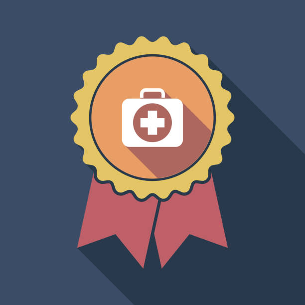 Long shadow badge with a first aid kit icon Illustration of a long shadow flat color badge with a first aid kit icon priority baggage tag stock illustrations