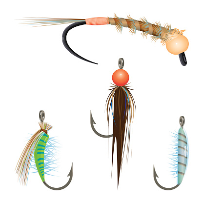 Bait variety for fishing by spinning rope colorful vector set. Spinner baits and streamer, wobbler and plunker. Informative catch poster for fisherman