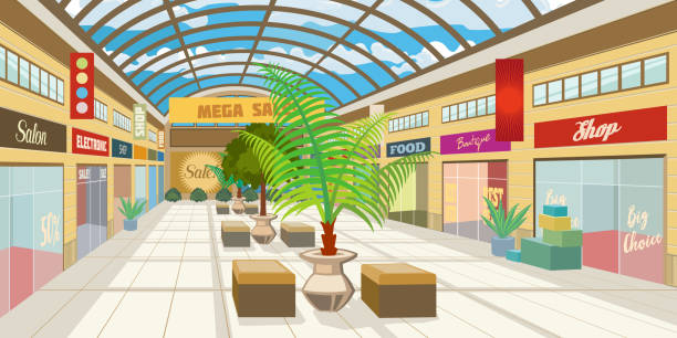 Ilustración de Centro Comercial Corredor Con Techo Panorámico y más Vectores Libres de Derechos de Centro comercial - Centro comercial, Interior, Banco - Asiento - iStock Ilustración de Centro Comercial Corredor Con Techo Panorámico y más Vectores Libres de Derechos de Centro comercial - Centro comercial, Interior, Banco - Asiento - iStock