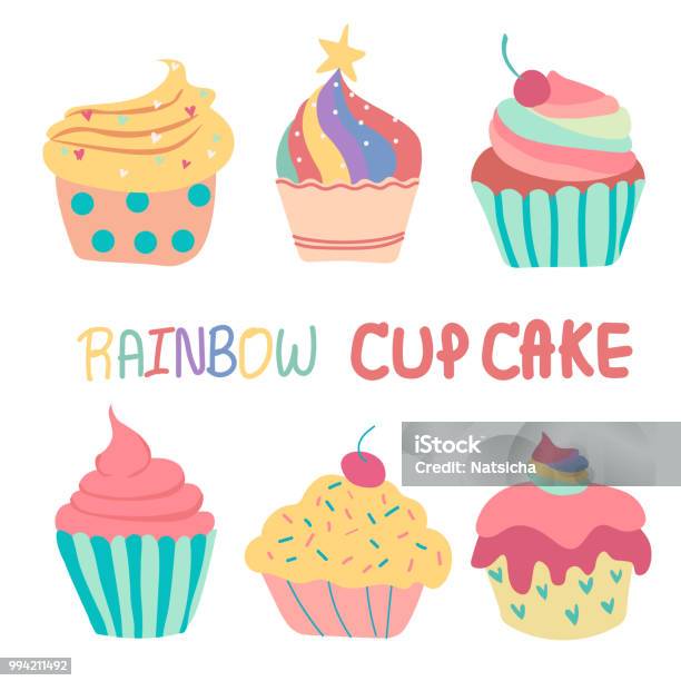 Doodle Hand Drawn Rainbow Cute Cup Cake Stock Illustration - Download Image Now - Cupcake, Vector, Muffin