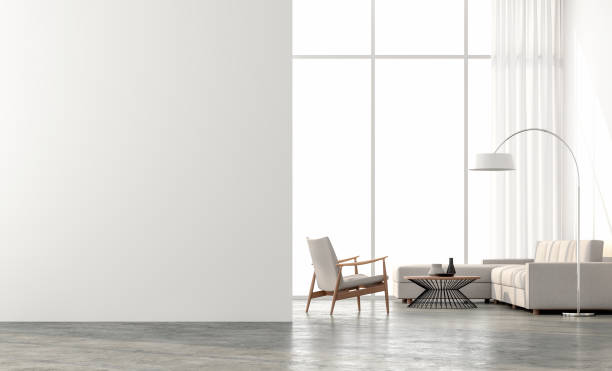 render 3d de la sala de estar de estilo minimalista - interior fotografías e imágenes de stock