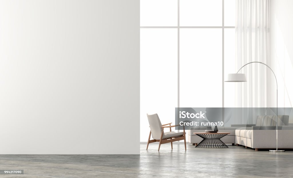 Minimal style  living room 3d render Minimal style  living room 3d render.There are concrete floor,white wall.Finished with beige color furniture,The room has large windows. Looking out to see the scenery outside. Living Room Stock Photo