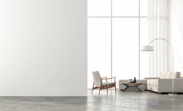 Minimal style  living room 3d render Minimal style  living room 3d render.There are concrete floor,white wall.Finished with beige color furniture,The room has large windows. Looking out to see the scenery outside. from the inside stock pictures, royalty-free photos & images